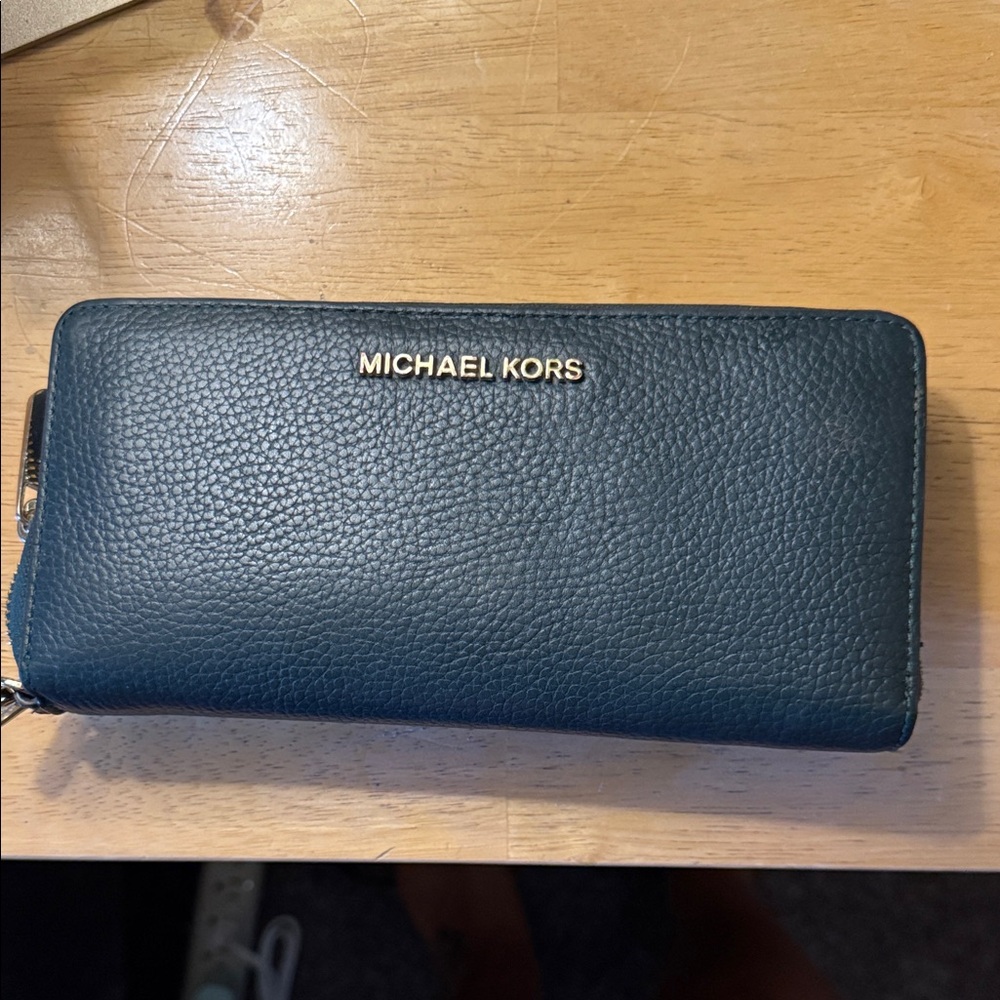 Michael Kors Dark Teal Pebbled Leather Zip Wallet